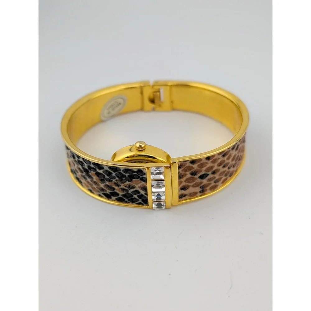 Eikon Women Watch 17mm Hidden Dial Gold Case Snakeskin Cuff 6.5